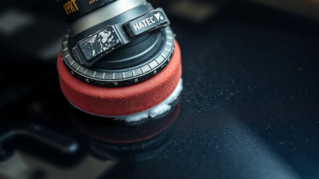 Close-up of a professional car polisher head with abrasive c