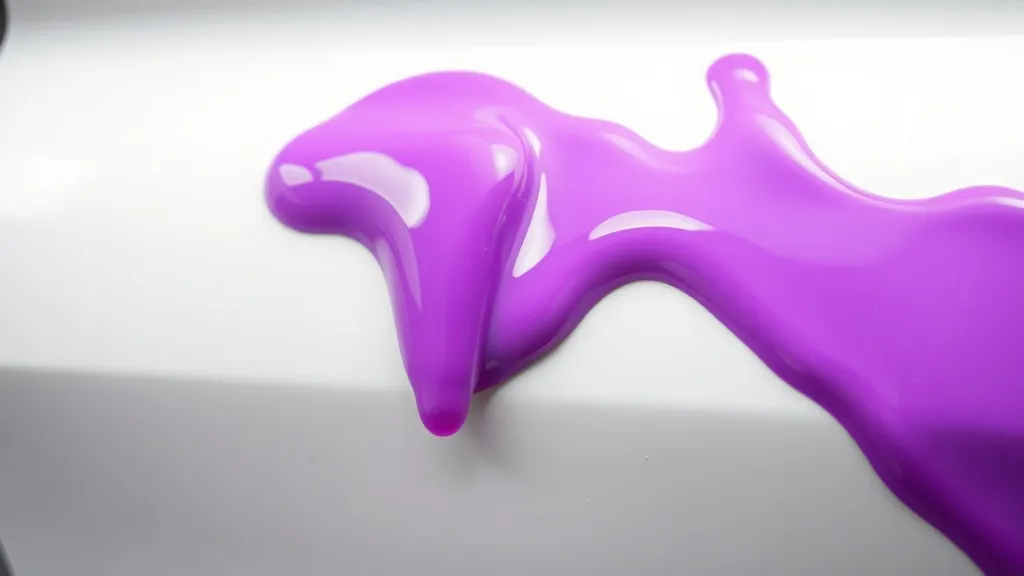 Close-up of purple liquid dripping down a white car door, de