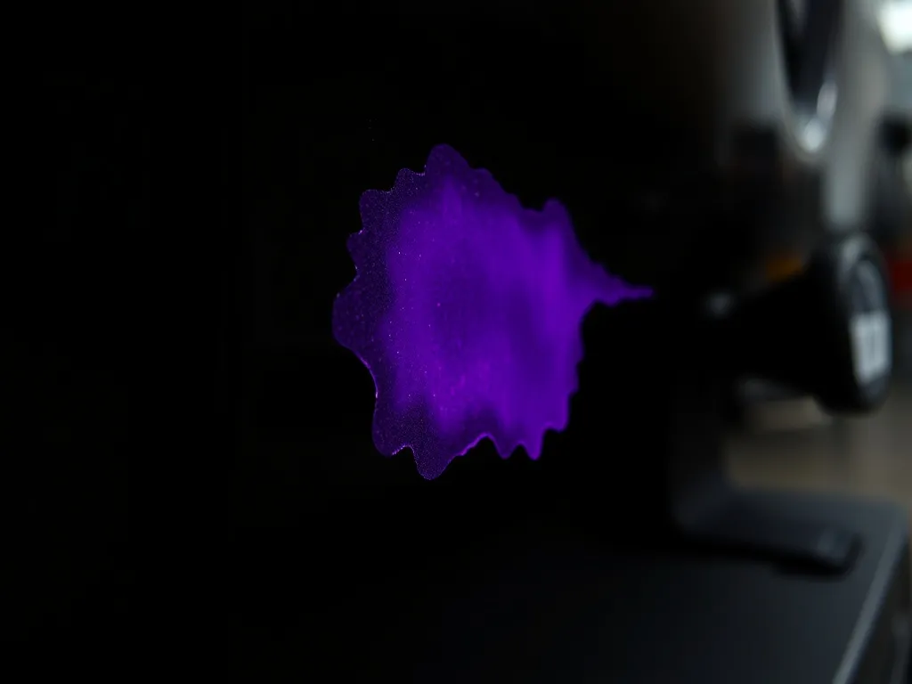 Close-up of a dark car panel with purple chemical reaction f