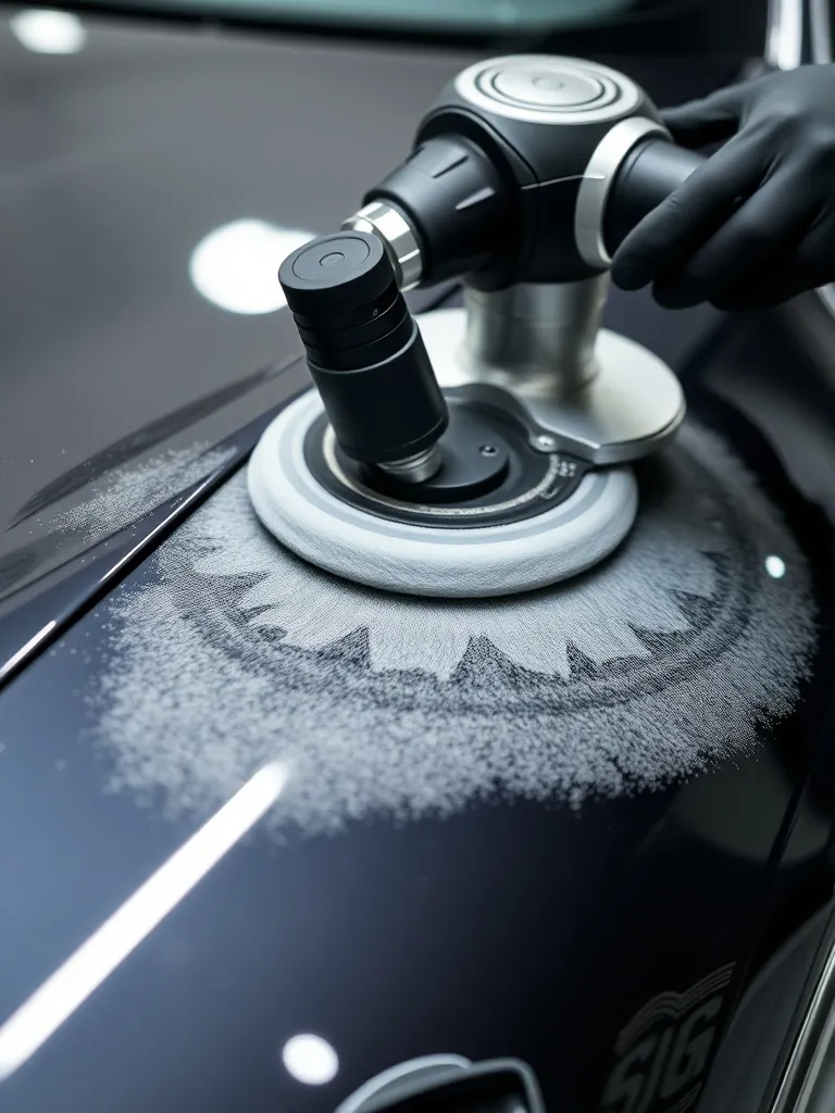 Professional car detailing close-up, polishing machine on a