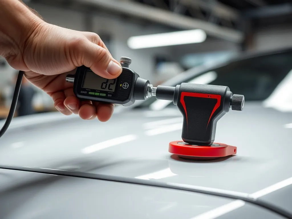 Close-up of a professional paint thickness gauge measuring a